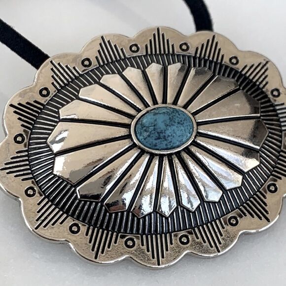 Western Concho Ponytail Holder with Faux Turquoise Sunburst Repoussé Hair Tie - Picture 4 of 9